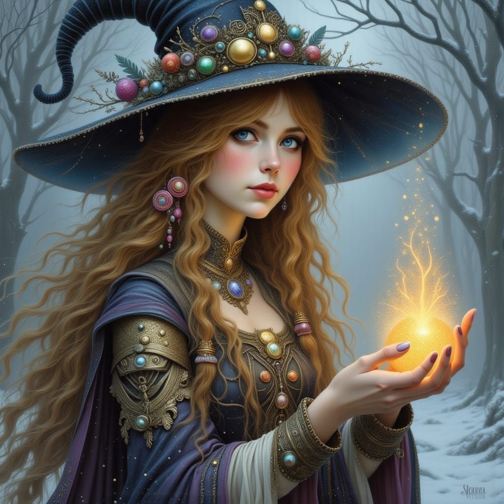 Beautiful Winter Witch Casting Spell in Snowscape