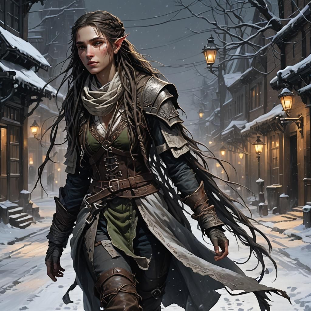 Half-Elf in Snow, Photorealistic Matte Painting