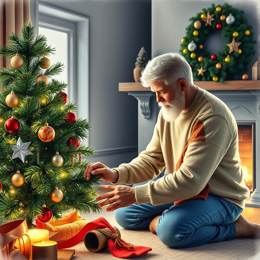 Cozy Winter Scene: Grandfather and Grandson Create a Christm...