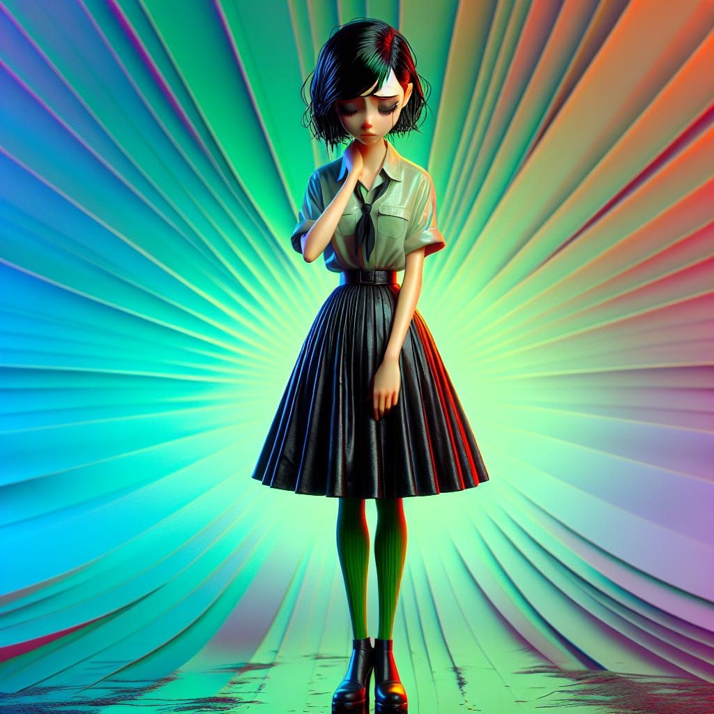 Sorrowful Woman in Green Nylons: 3D Digital Art