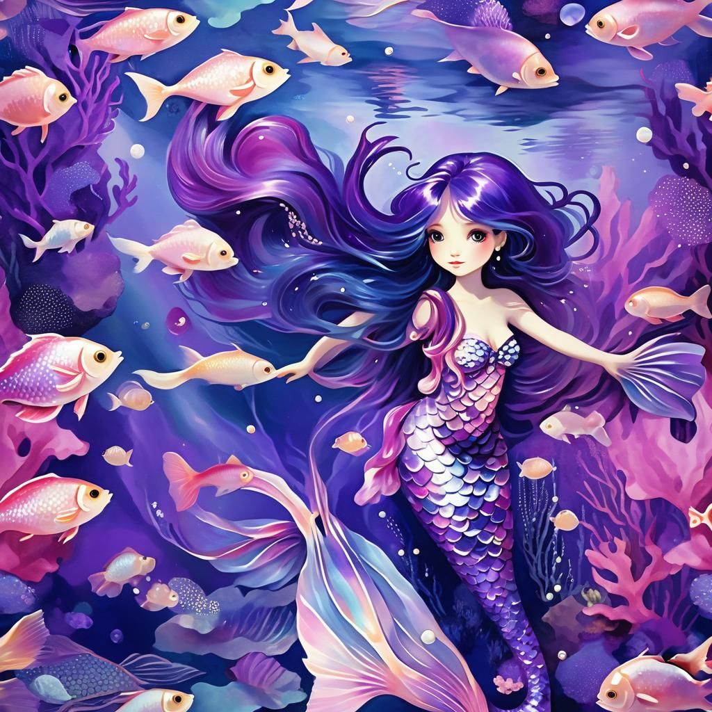 Mermaid with Pearlescent Fish in Pink and Purple