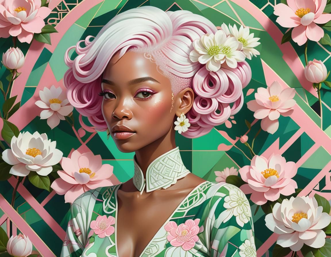 Elegant Woman with Flowers: Digital Whimsical Portrait