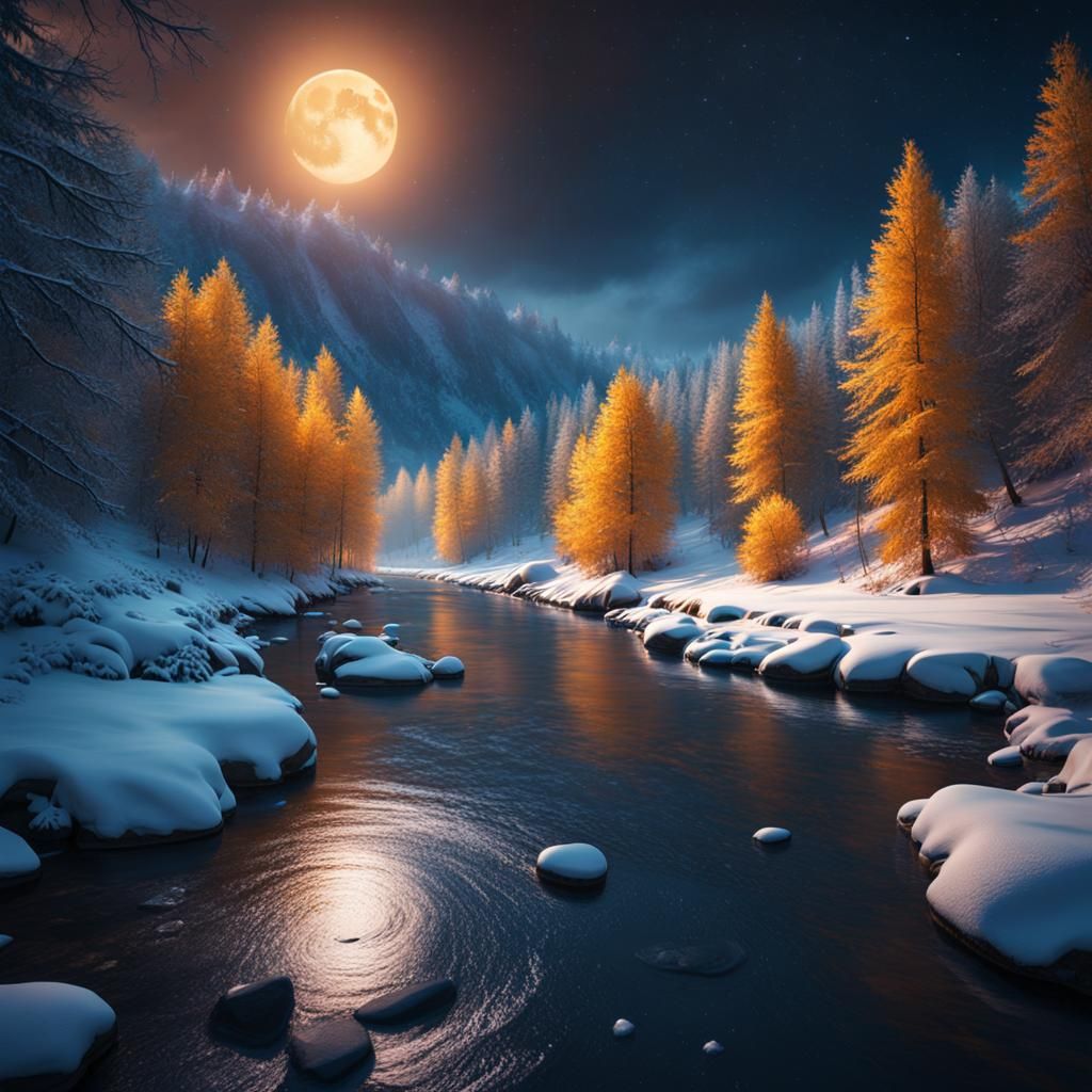 Snowy River at Night in Winter Landscape