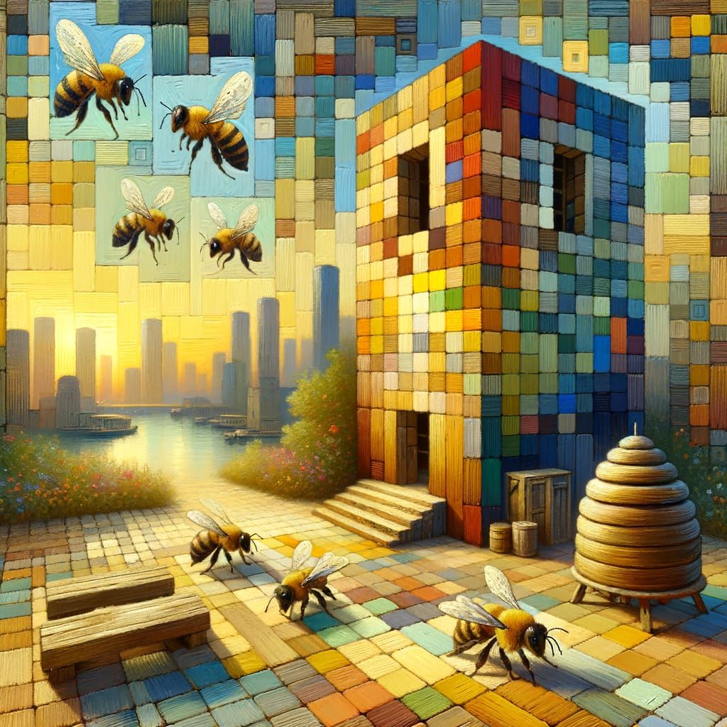 Vibrant Palette Knife Cityscape with Chunky Squares and Beeh...