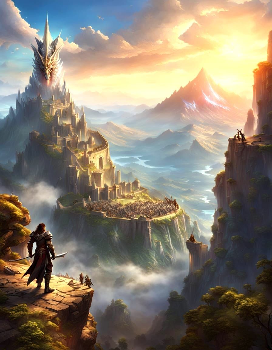 Adventurers Overlook Dragon Vista in High Fantasy Art