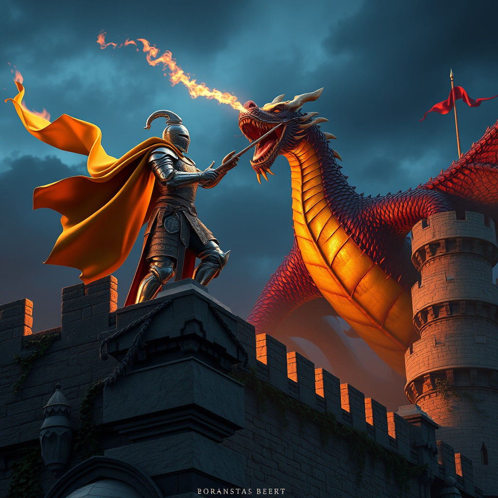 Knight Defends Castle From Dragon in Matte Painting Style