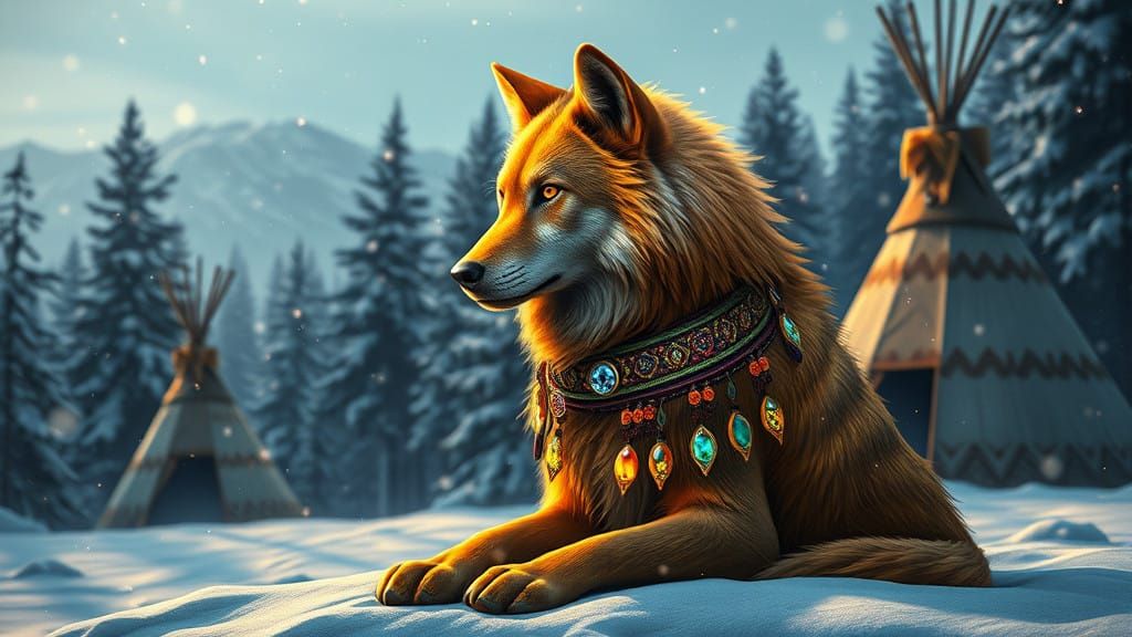Wolf in Winter Wonderland, Native American Collar Shining wi...
