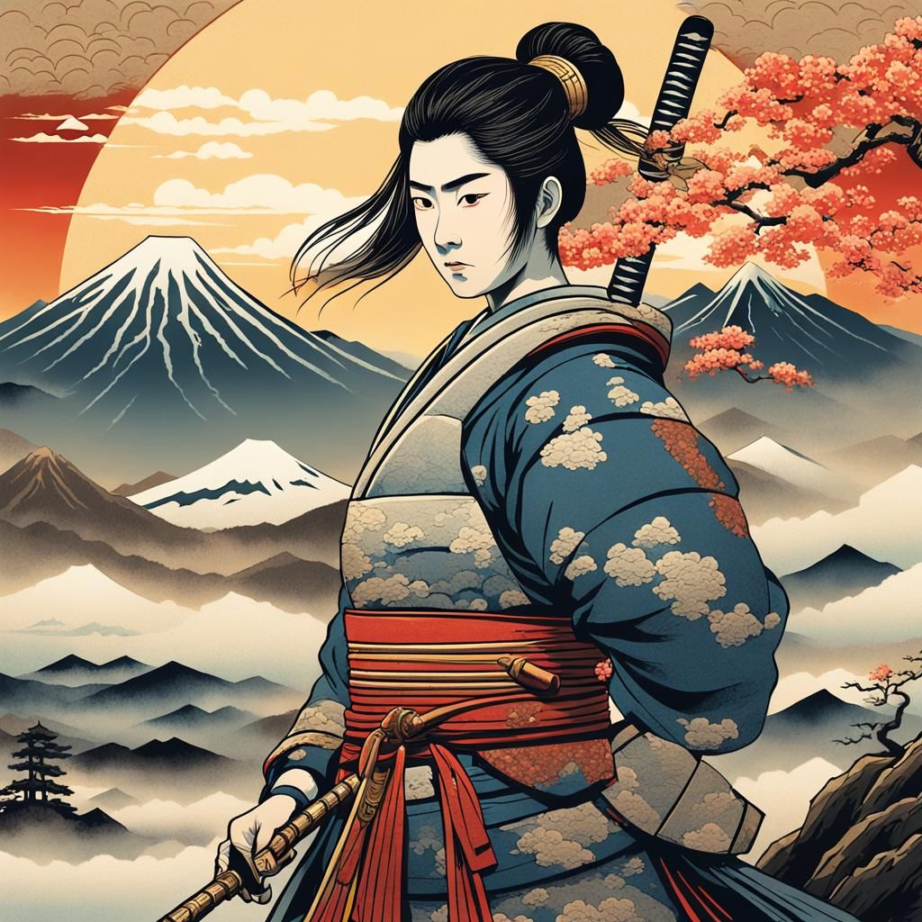 Japanese Warrior in Ukiyo-e Woodblock Style