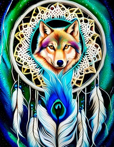 Dreamcatcher with White Wolf in Abstract Graffiti Art