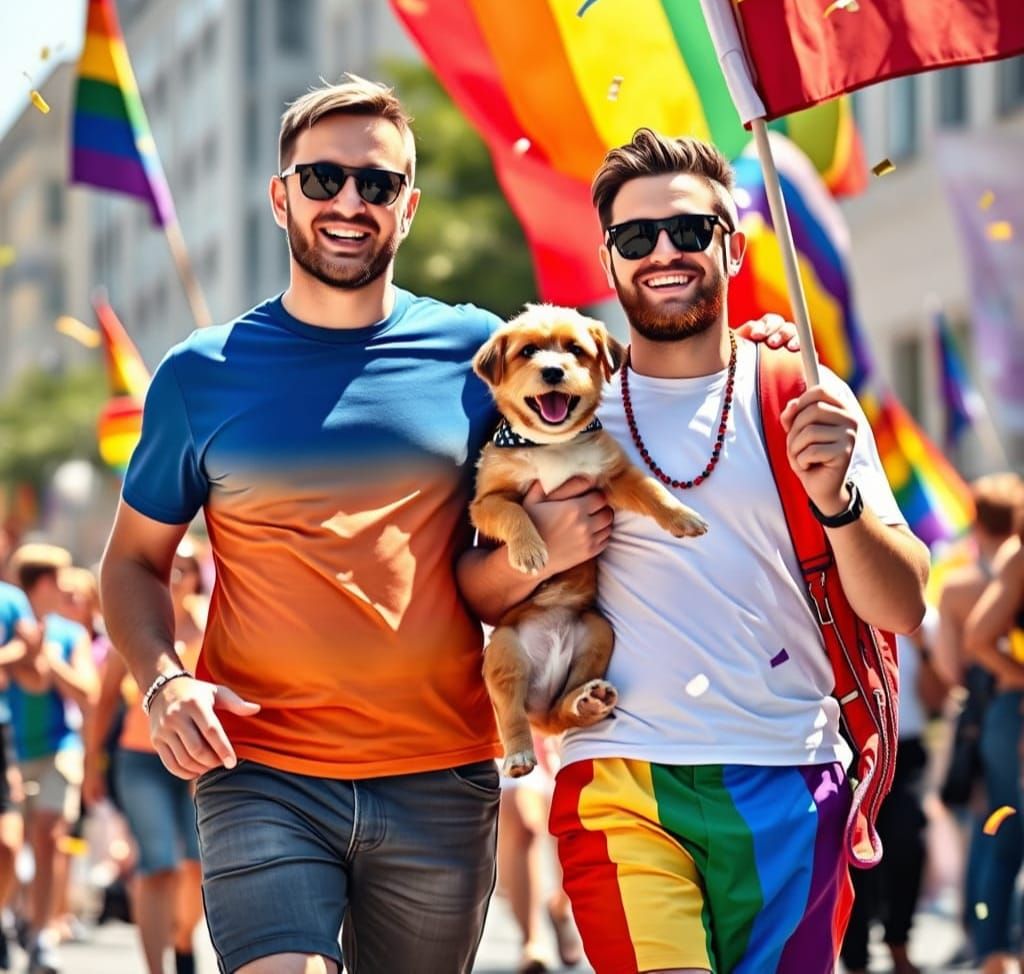Joyful Gay Couple at Pride Parade