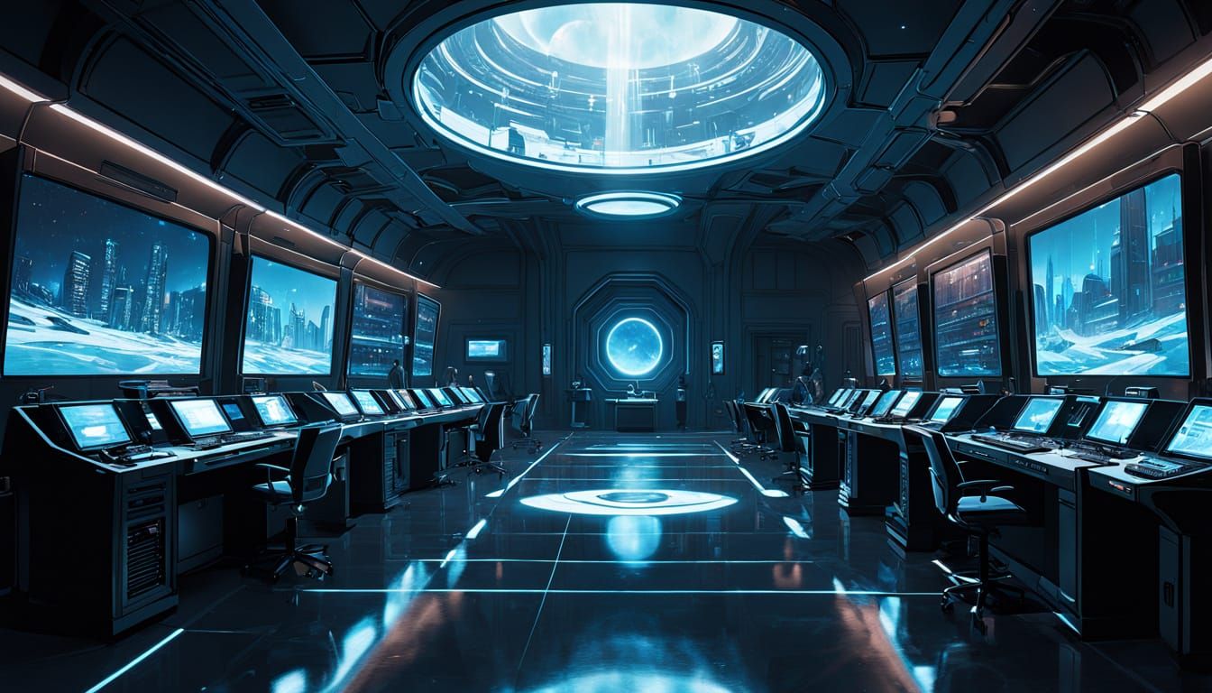 Futuristic Hologram Room with 3D City Library Simulation