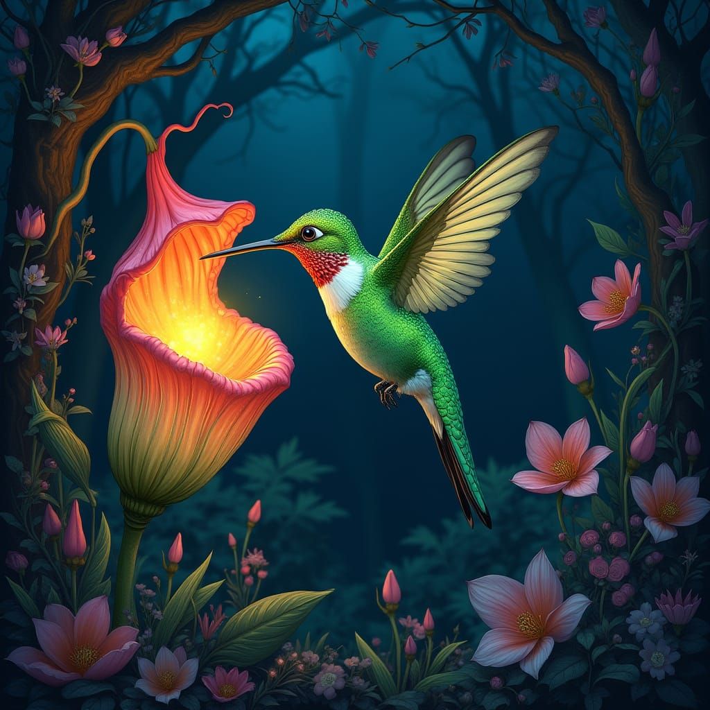 Enchanted Forest Hummingbird in Art Nouveau Style