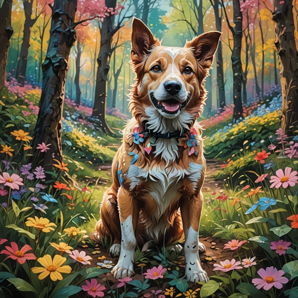 Dog Portrait in Hyperrealistic Flowery Woods