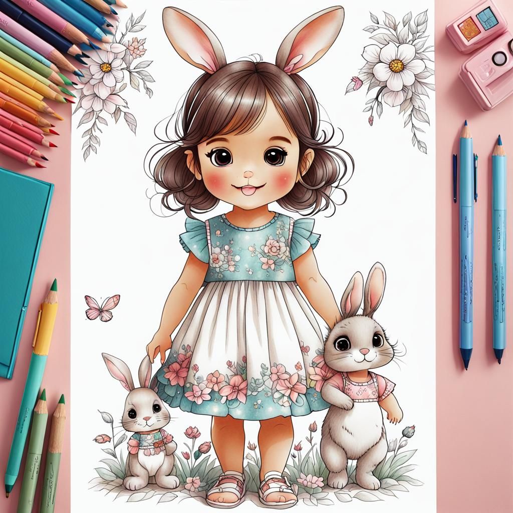 Cute Girl with Bunny in Sarah Kay Style