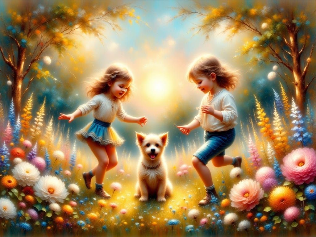 Joyful Garden Scene in Impressionist Style Oil Painting