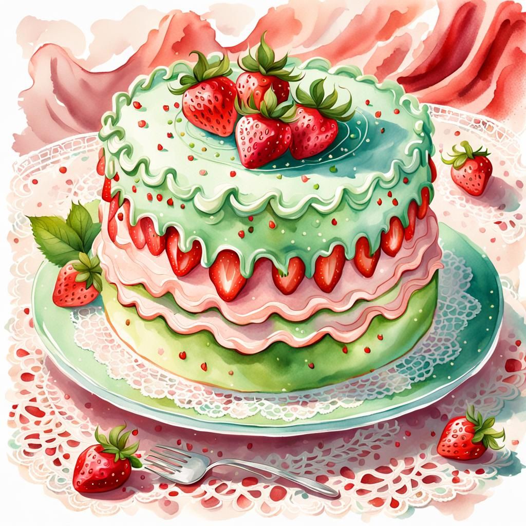 Strawberry Cake Illustration in Watercolor Style