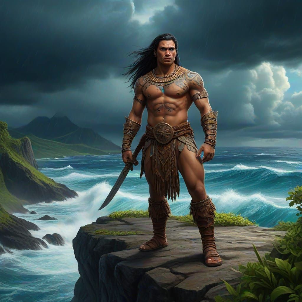 Polynesian Warrior on Cliff Overlooking Stormy Ocean