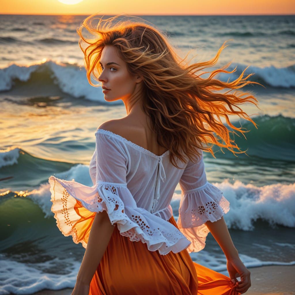 Woman in Orange Dress on Beach as Impressionistic Oil Painti...