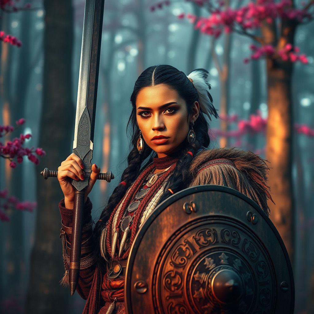 Indigenous Woman Warrior With Sword in Magenta Forest
