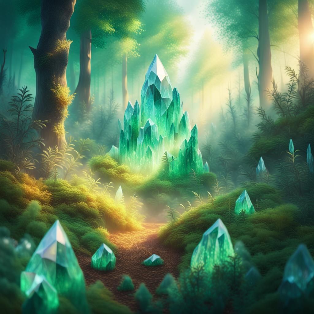 Whispers of Iridescent Wonders in a Lush Crystal Forest