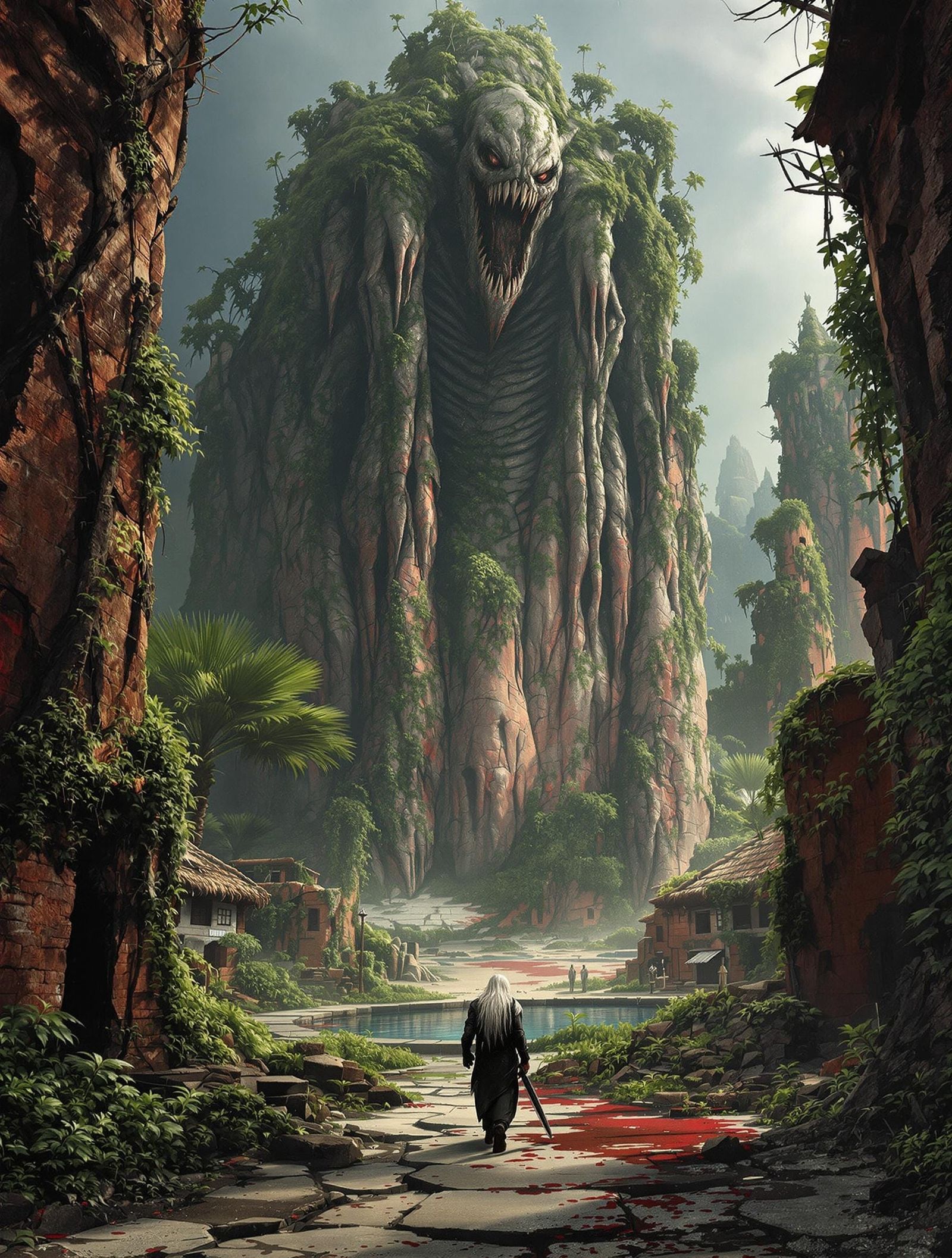 Eldritch Horror in Ancient Jungle Ruins, Cyberpunk Digital A...