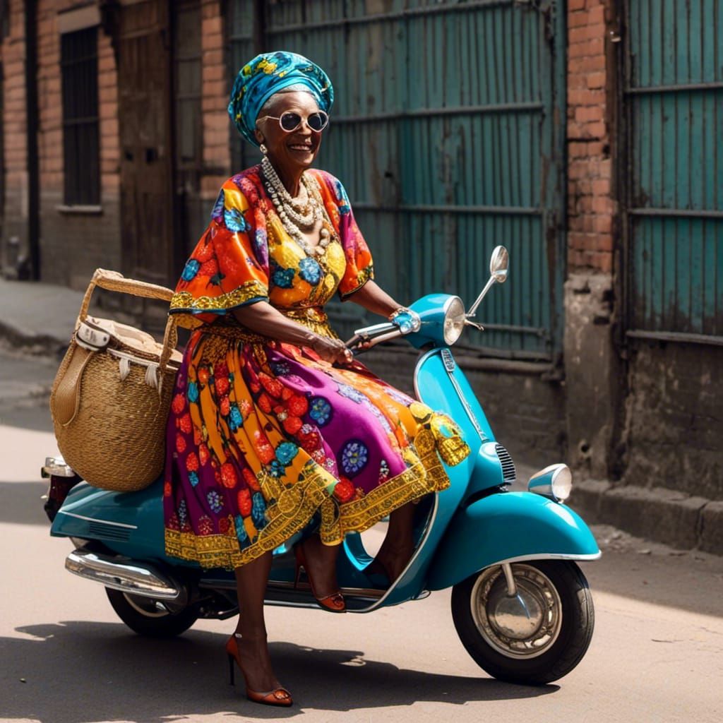 Black Granny on Vespa in Animated Style