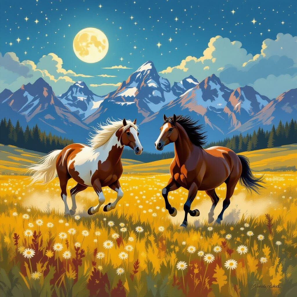 Horses Galloping Freely Under Moonlight in Romantic Style
