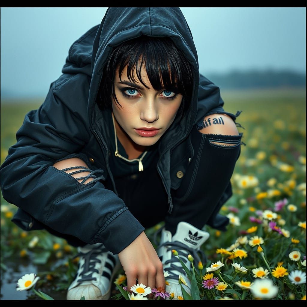 Woman Crushing Flowers in Rain-Soaked Field