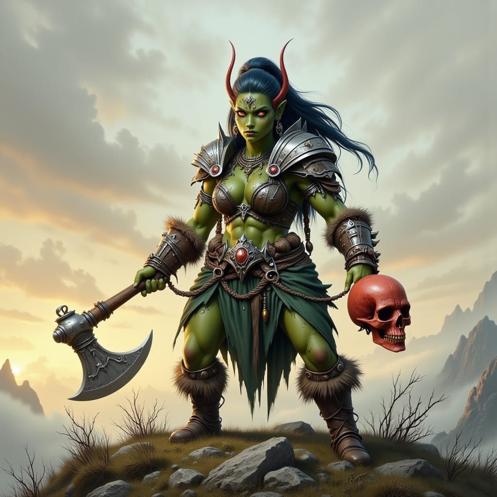 Female Troll Warlord with Axe and Severed Head on Hillock