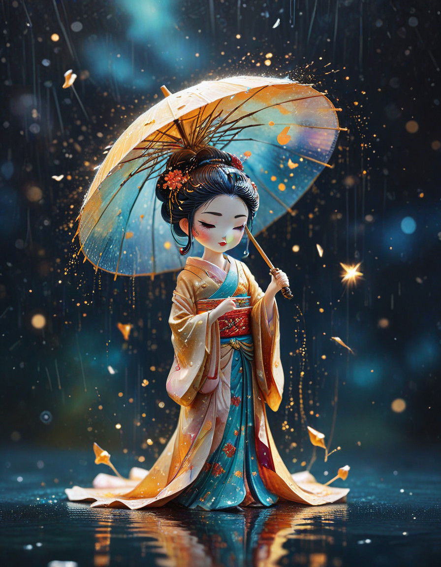 Whimsical Chibi Geisha in Rainy Watercolor