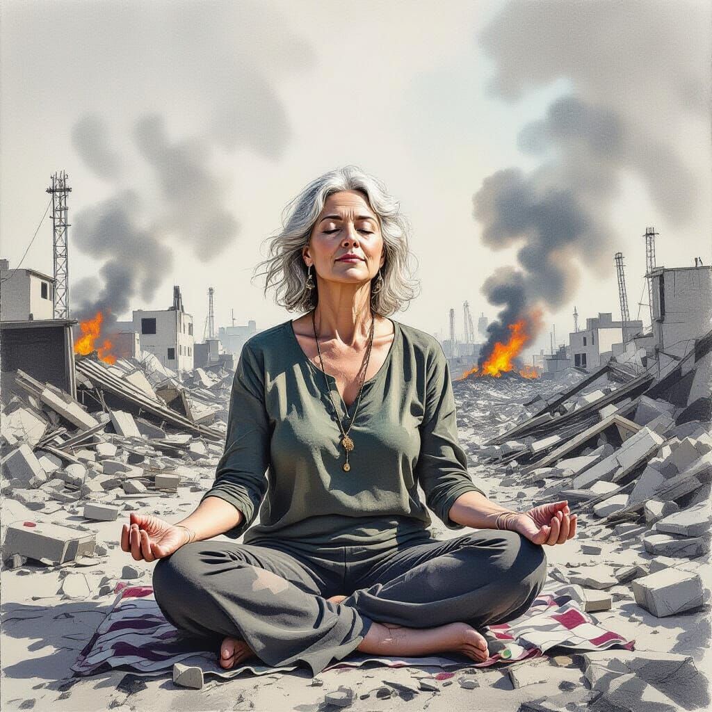 Serene Woman Meditating in War Zone Pencil Drawing