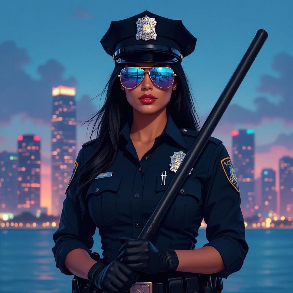 Latina Police Officer in Futuristic Neon Noir Style