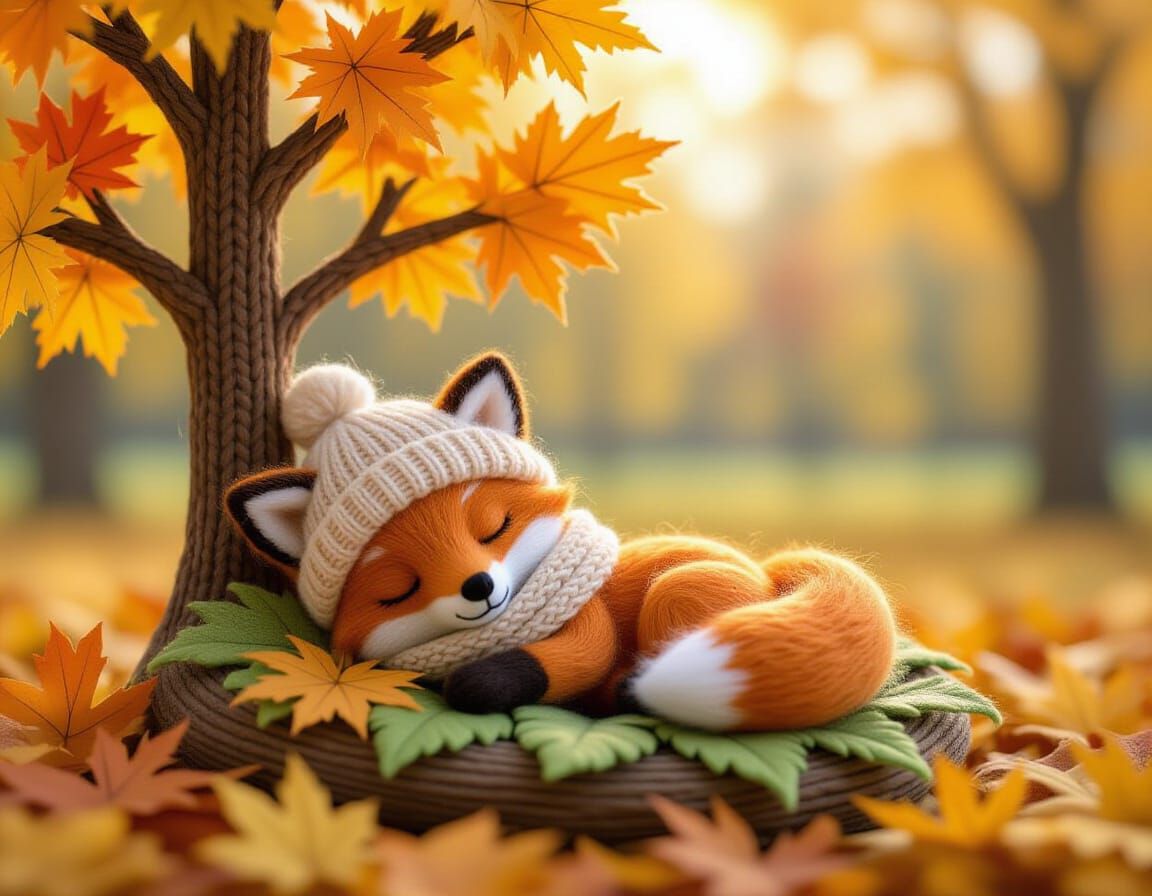 Knitted Fox Cub Sleeps in Autumn Diorama