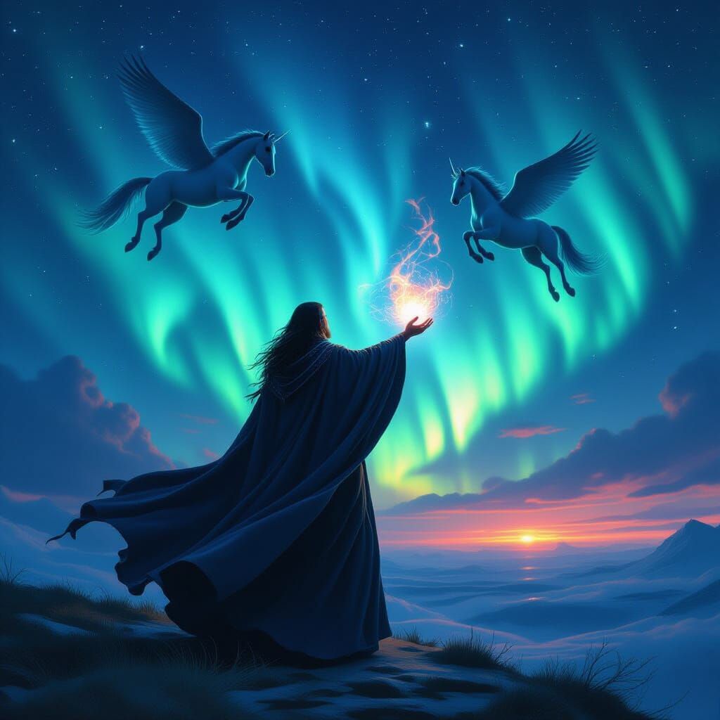 Wizard Summons Flying Horses in Aurora Night, Cinematic