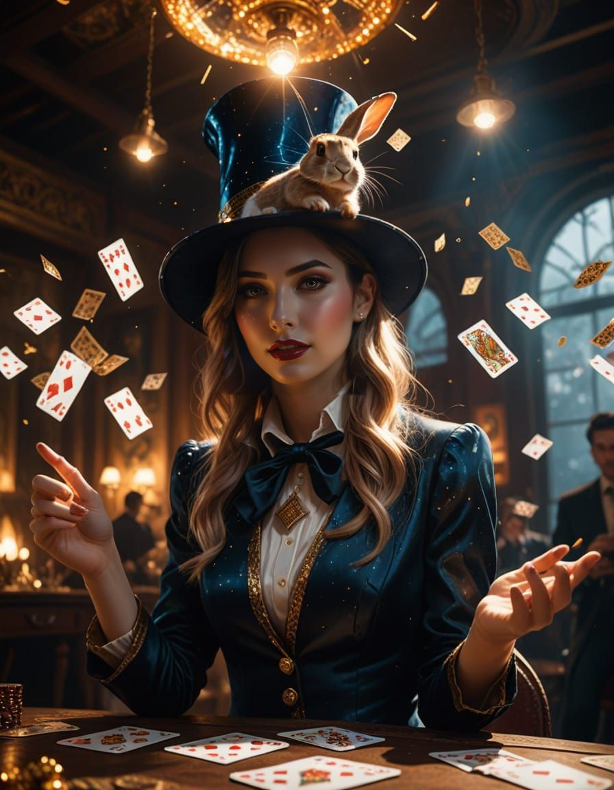 Glamorous Magician Pulls Rabbit From Hat, Photorealistic