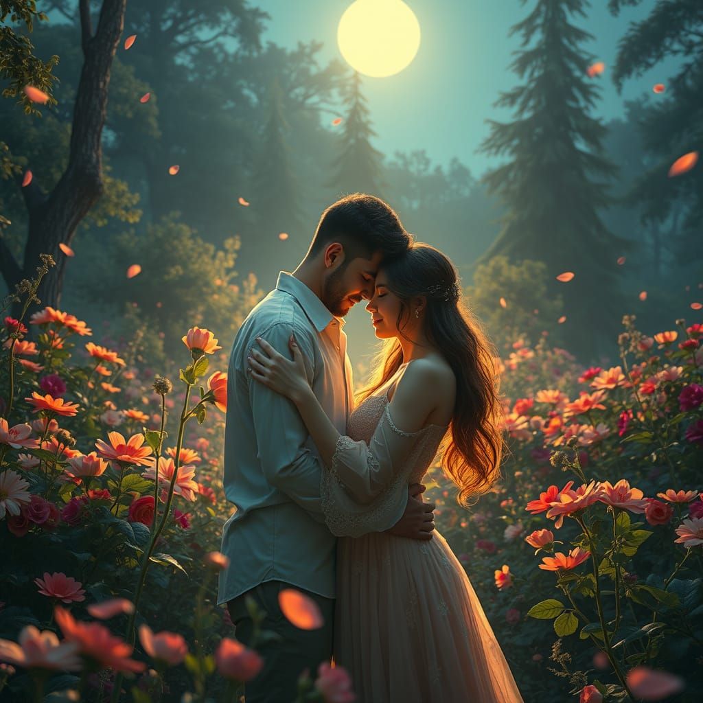 Ethereal Moonlit Romance in a Vibrant Garden