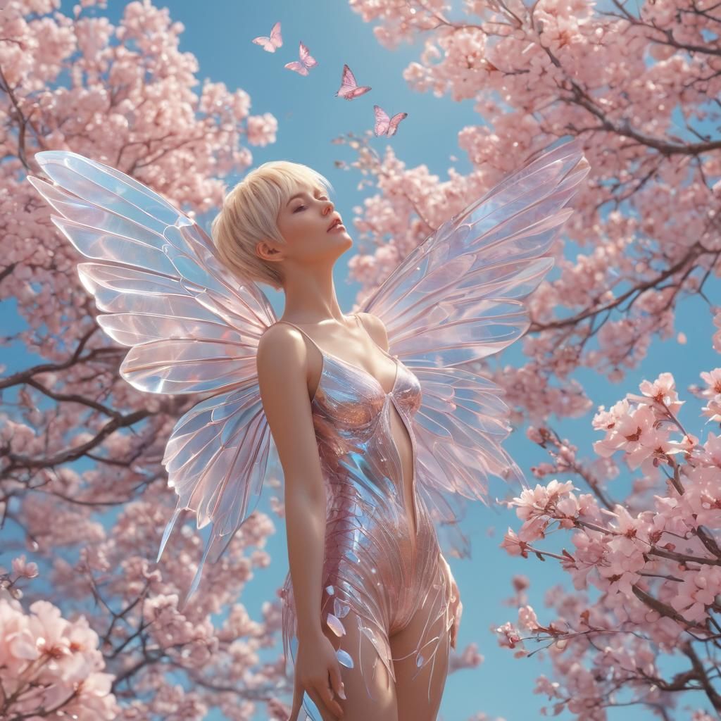 Ethereal Woman with Wings in Fantasy Landscape