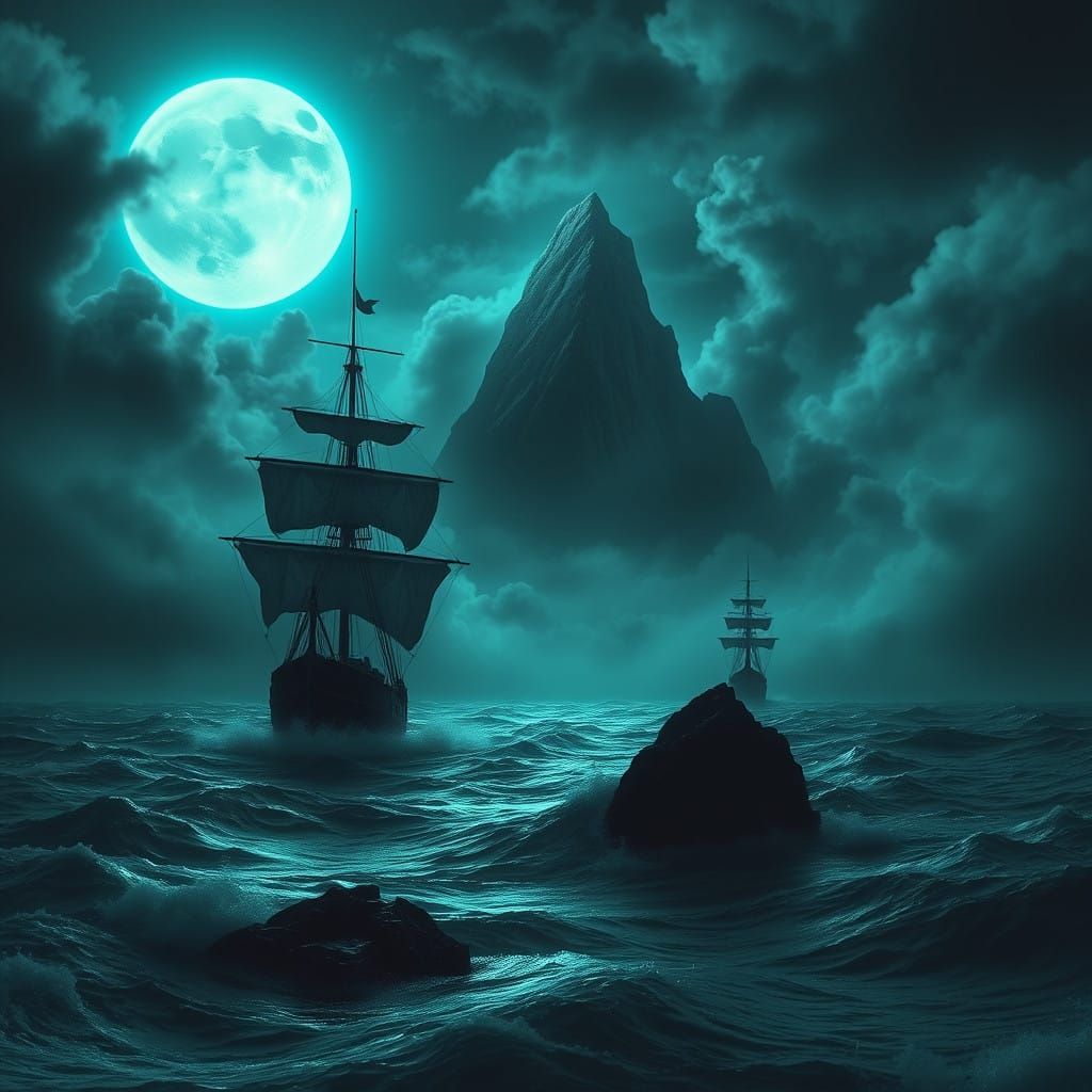 Mystical Seascape Under Eerie Teal Moonlight