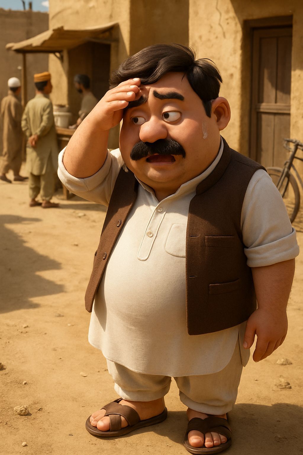 3D Cartoon of South Asian Man in Dusty Village Street