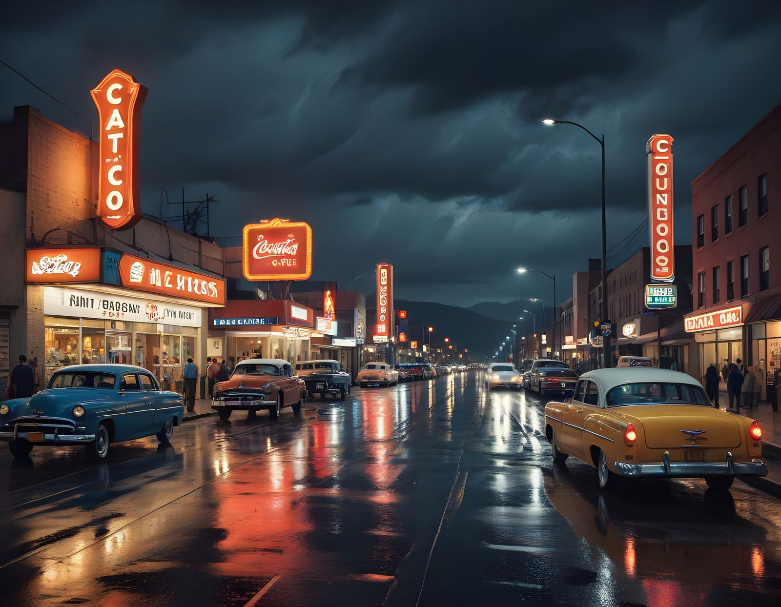 Vintage 1950s City Street at Night