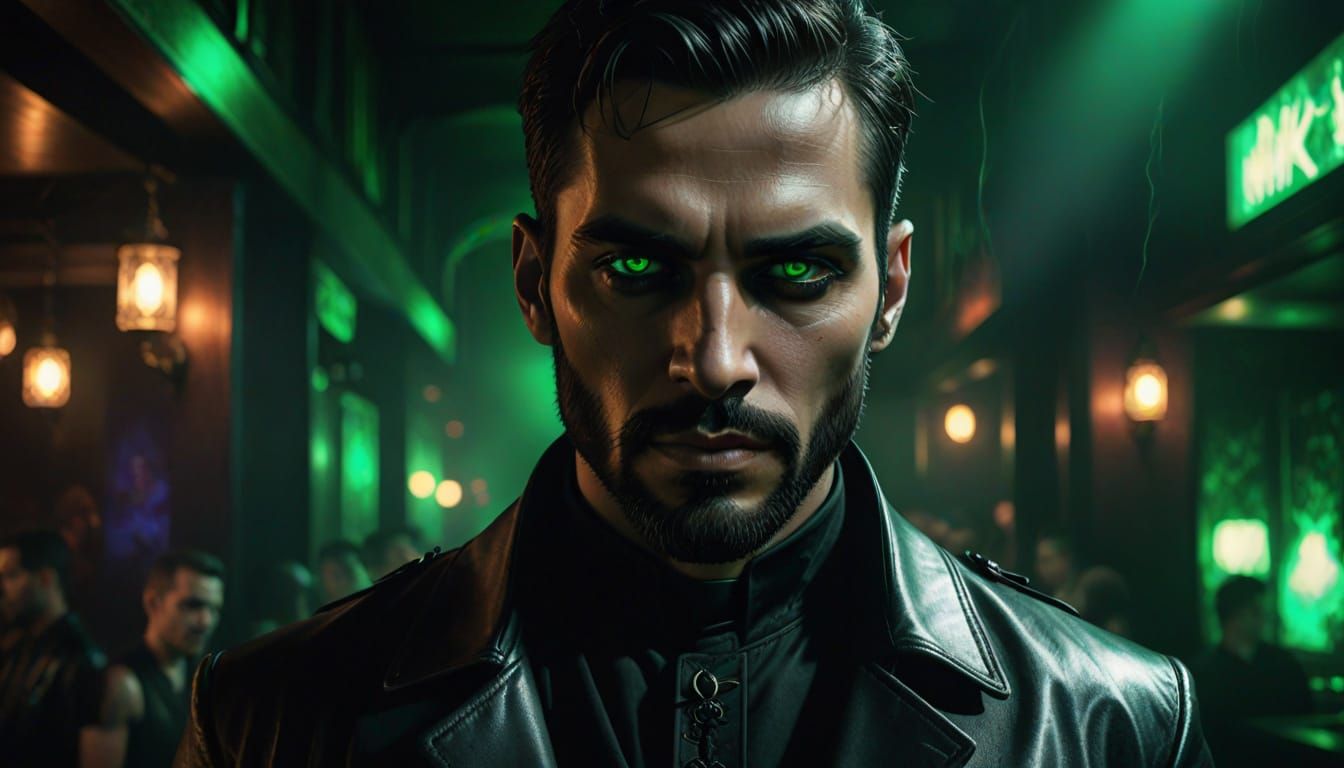 Gothic Priest in Leather at Nightclub, Digital Art