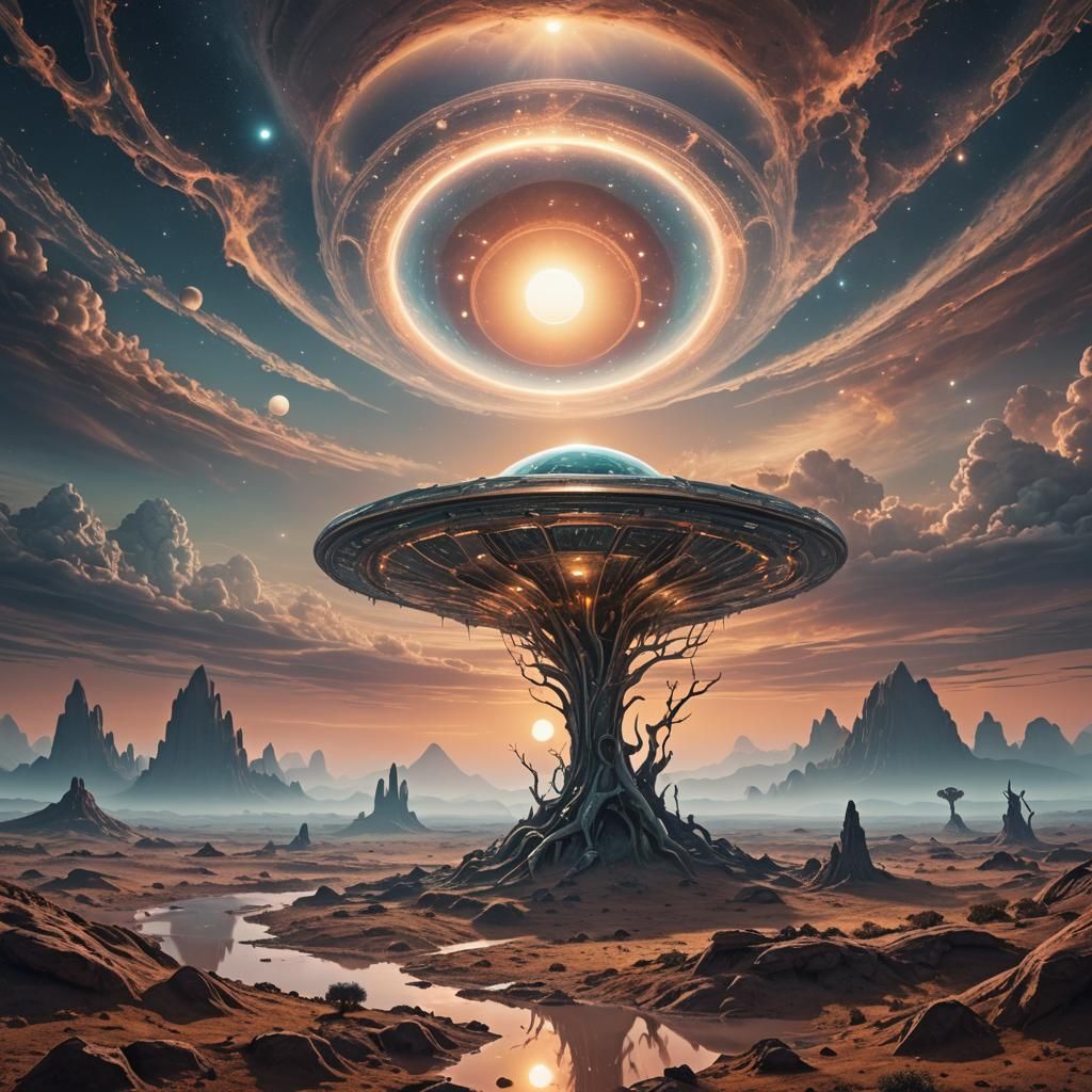 Ethereal Alien Landscape with Kaleidoscopic Sun