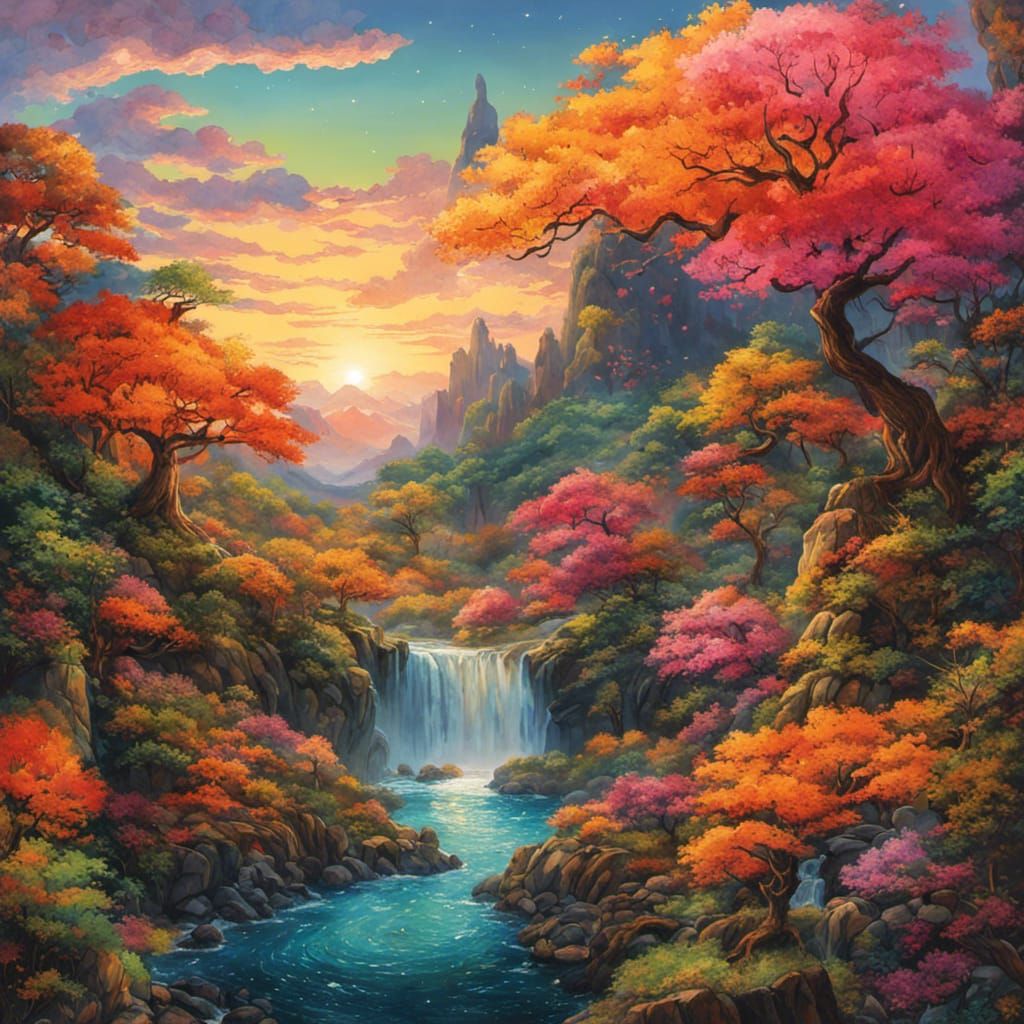 Lush Bonsai Valley Sunset in Gouache Watercolor