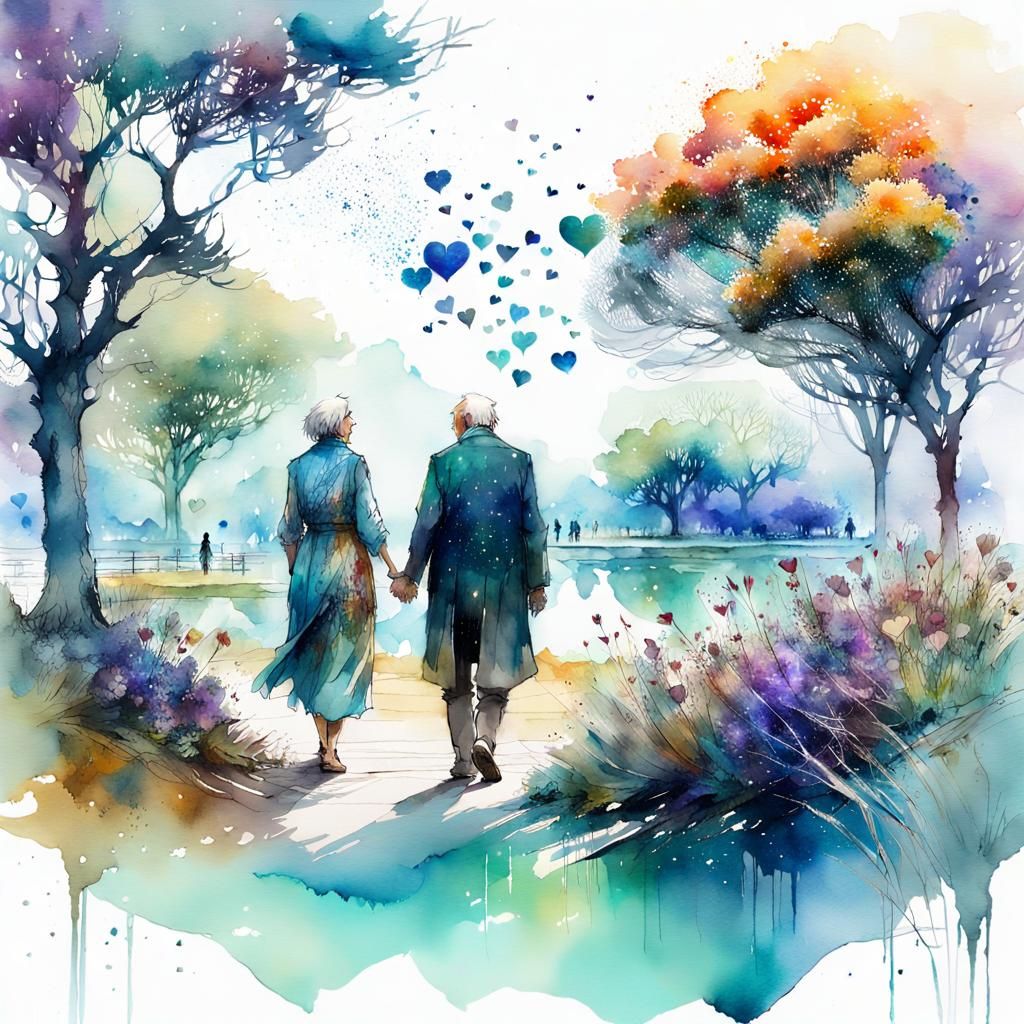 Elderly Couple in Love: Digital Watercolor Art