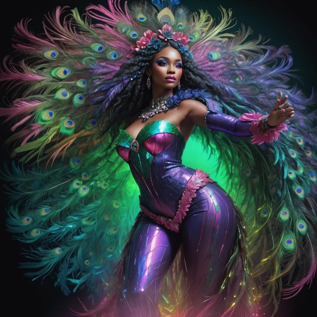 Rainbow Woman with Peacock Feathers, 3D Digital Art