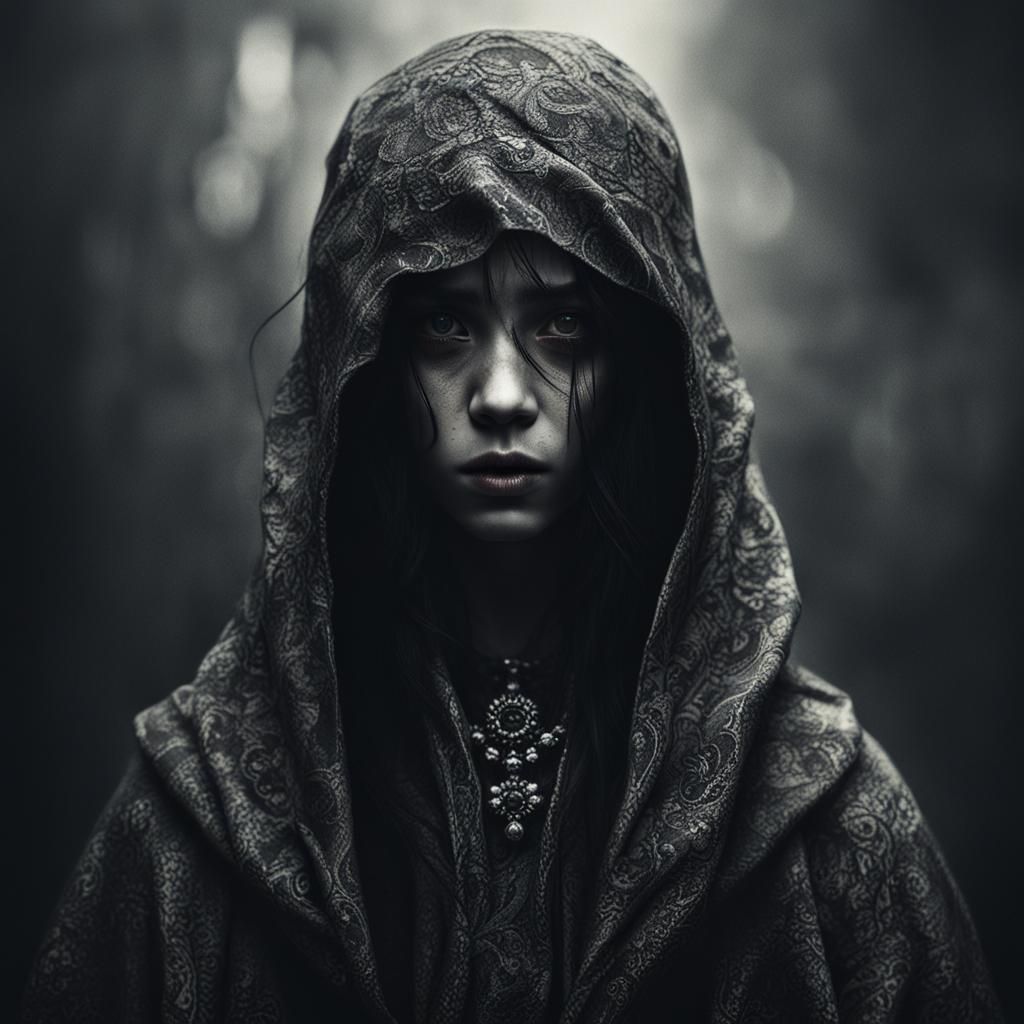 Dark Spirit Girl Portrait in Shadowy Light