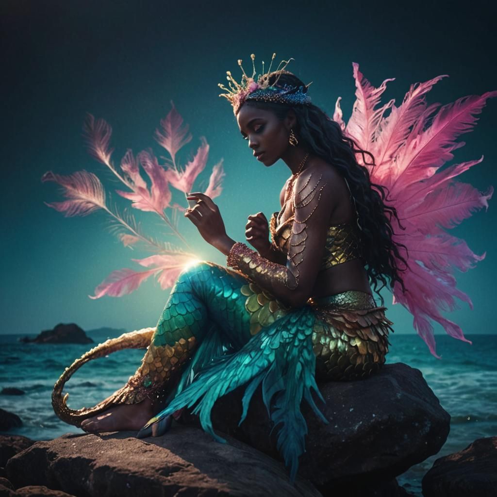 Mermaid with Pink Peacock Tail in Cinematic Style