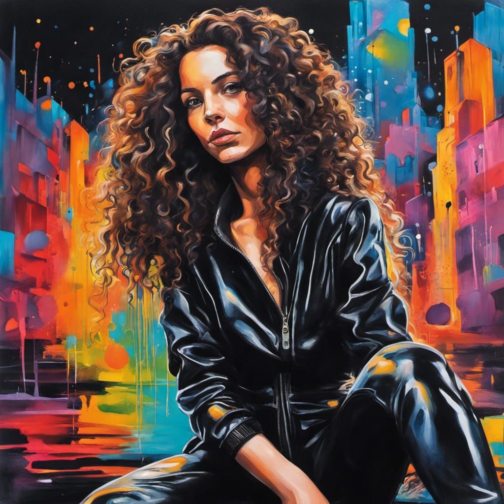 Woman and Pit Bull in Futuristic Cityscape Graffiti