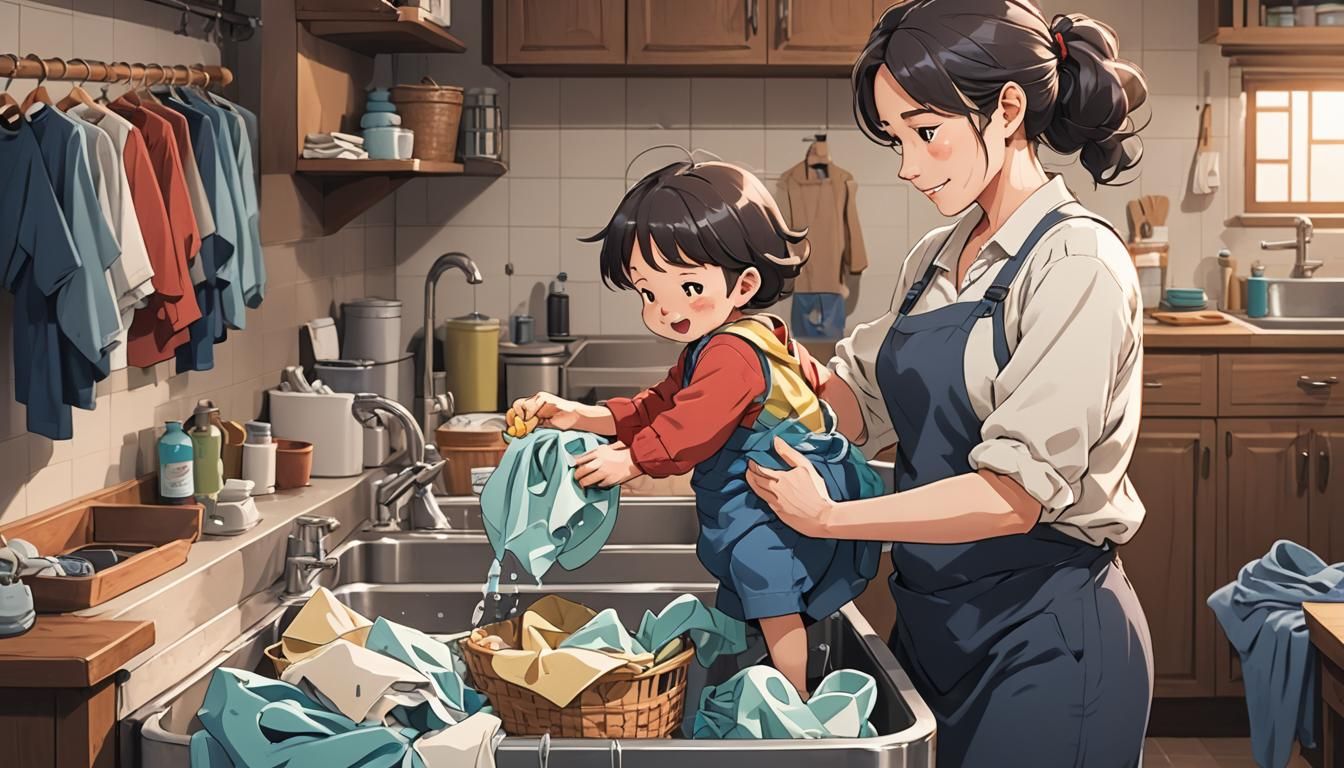 Cute Cartoon Mom Washing Clothes: Anime Style