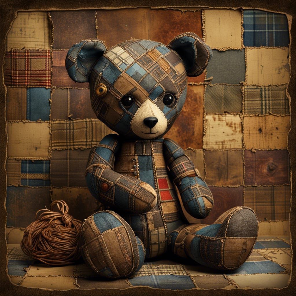 Antique Teddy Bear on Patchwork Quilt